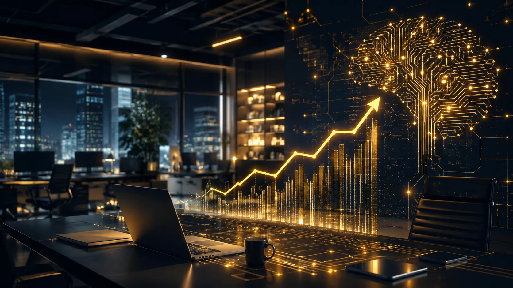 A glowing digital billboard displaying upward-trending market graphs and AI circuit motifs towering over a financial district.